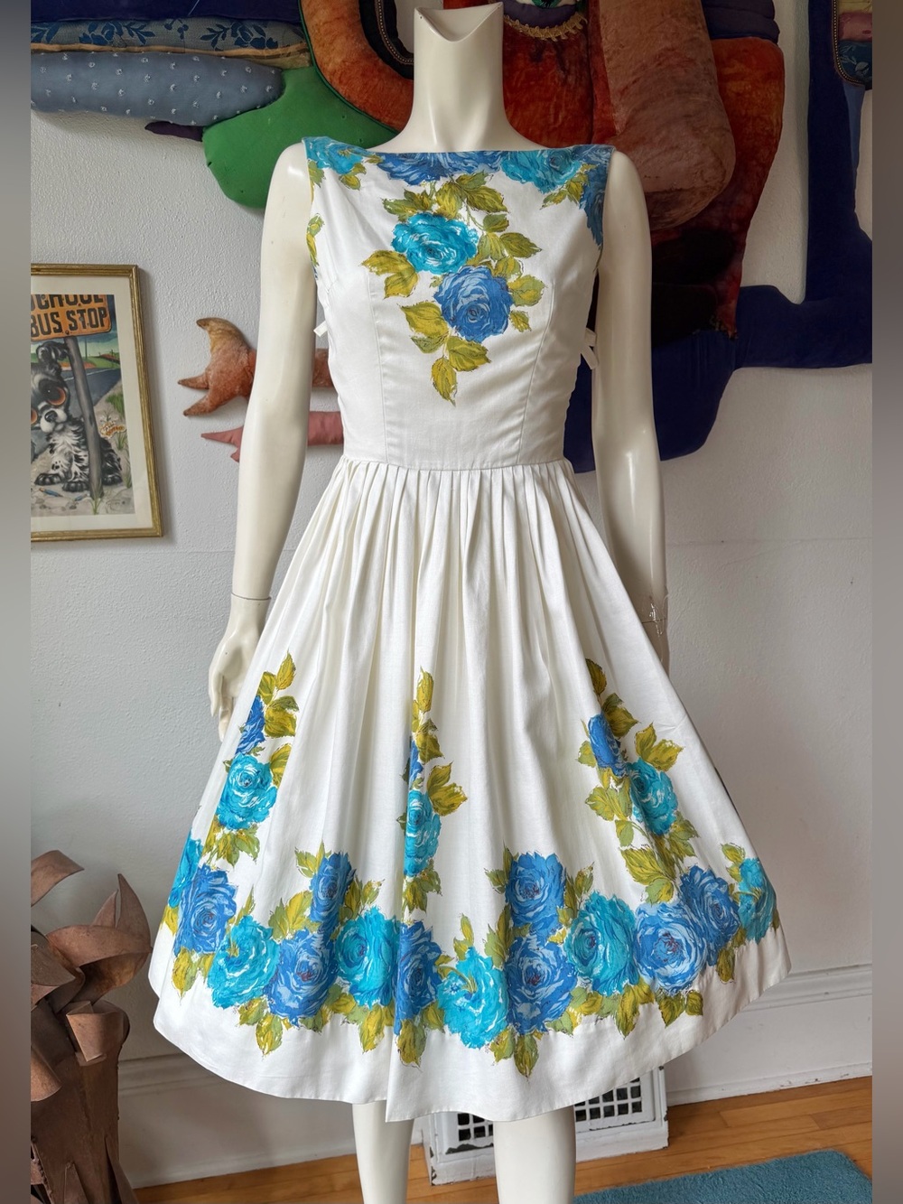 Vintage 1950s BORDER PRINT SUNDRESS Dress Cotton Blue ROSES Bows Metal Zipper XS